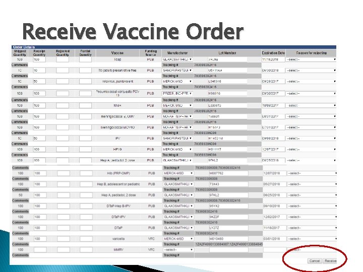 Receive Vaccine Order 