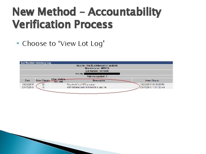 New Method – Accountability Verification Process Choose to ‘View Lot Log’ 