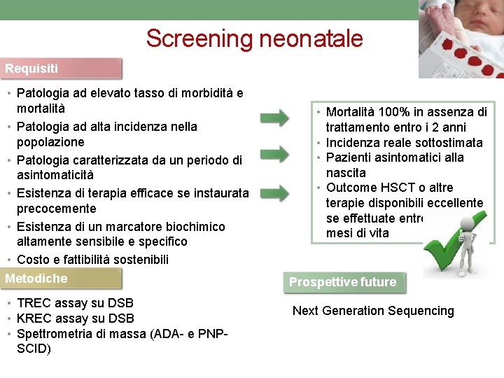 Screening neonatale Requisiti • Patologia ad elevato tasso di morbidità e mortalità • Patologia
