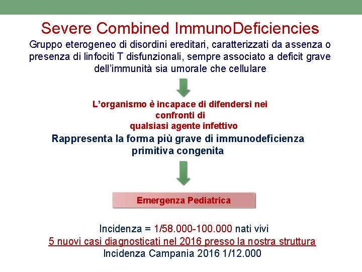 Severe Combined Immuno. Deficiencies Gruppo eterogeneo di disordini ereditari, caratterizzati da assenza o presenza