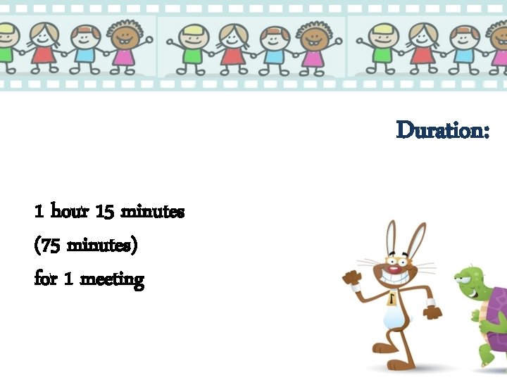 Duration: 1 hour 15 minutes (75 minutes) for 1 meeting 