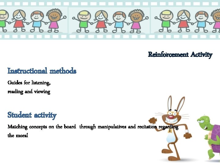 Reinforcement Activity Instructional methods Guides for listening, reading and viewing Student activity Matching concepts