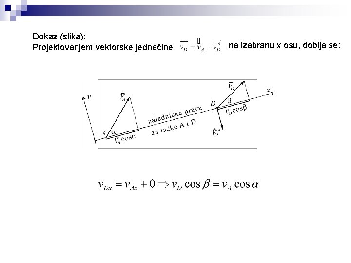Dokaz (slika): Projektovanjem vektorske jednačine na izabranu x osu, dobija se: 