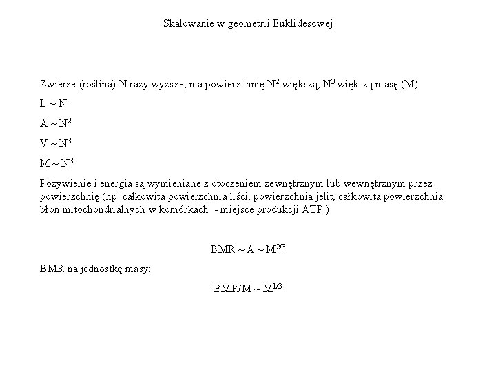 Skalowanie w geometrii Euklidesowej Zwierze (roślina) N razy wyższe, ma powierzchnię N 2 większą,