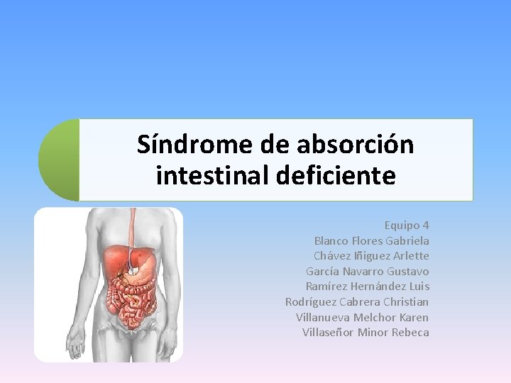 Síndrome de absorción intestinal deficiente Equipo 4 Blanco Flores Gabriela Chávez Iñiguez Arlette García
