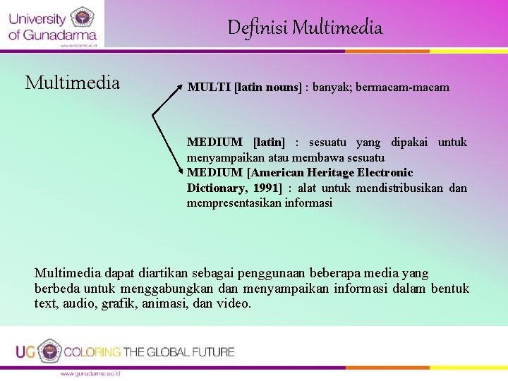 Definisi Multimedia MULTI [latin nouns] : banyak; bermacam-macam MEDIUM [latin] : sesuatu yang dipakai