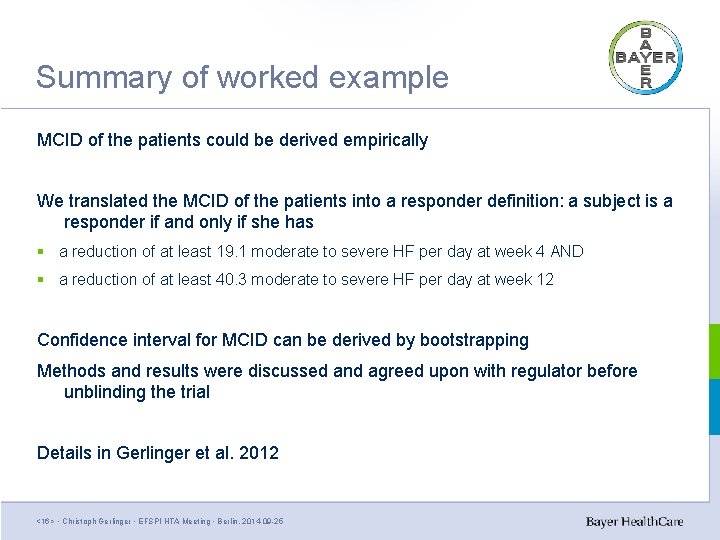 Summary of worked example MCID of the patients could be derived empirically We translated Summary of worked example MCID of the patients could be derived empirically We translated
