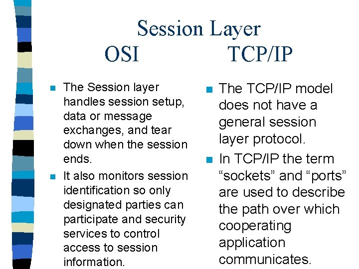 Session Layer OSI TCP/IP n n The Session layer handles session setup, data or