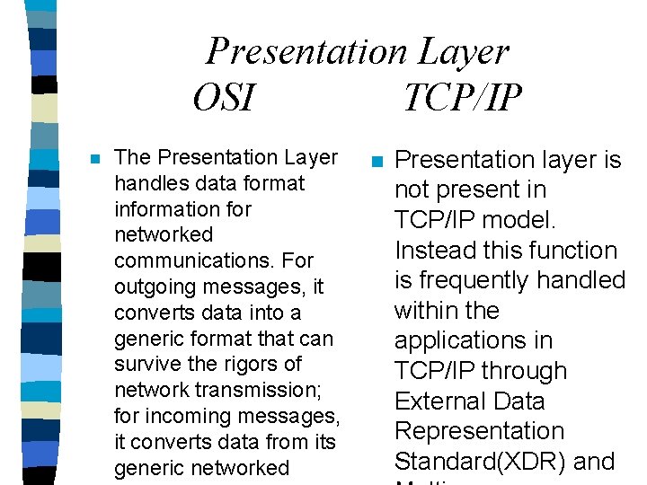 Presentation Layer OSI TCP/IP n The Presentation Layer handles data format information for networked