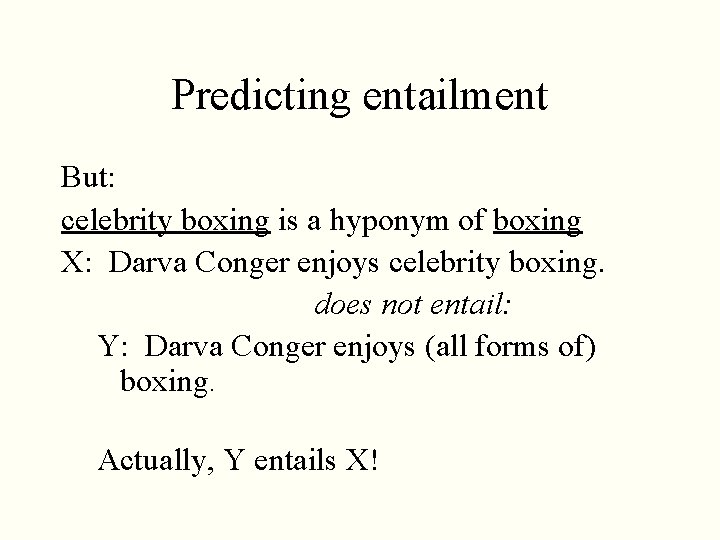 Predicting entailment But: celebrity boxing is a hyponym of boxing X: Darva Conger enjoys