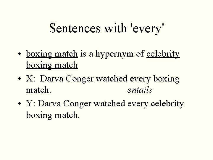 Sentences with 'every' • boxing match is a hypernym of celebrity boxing match •