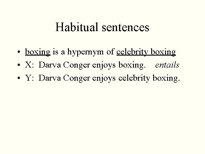 Habitual sentences • boxing is a hypernym of celebrity boxing • X: Darva Conger