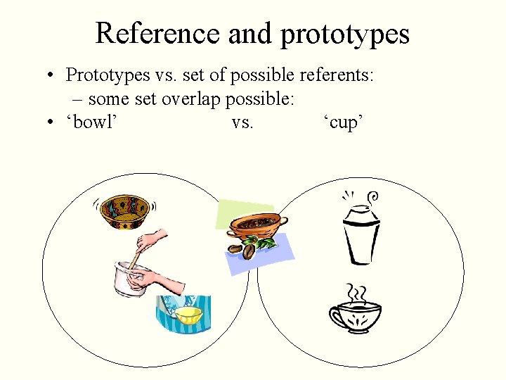 Reference and prototypes • Prototypes vs. set of possible referents: – some set overlap