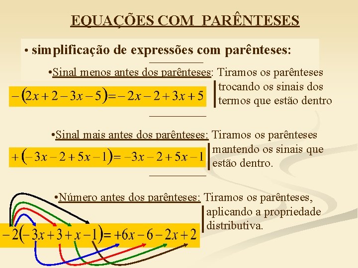 EQUAÇÕES COM PARÊNTESES • simplificação de expressões com parênteses: • Sinal menos antes dos