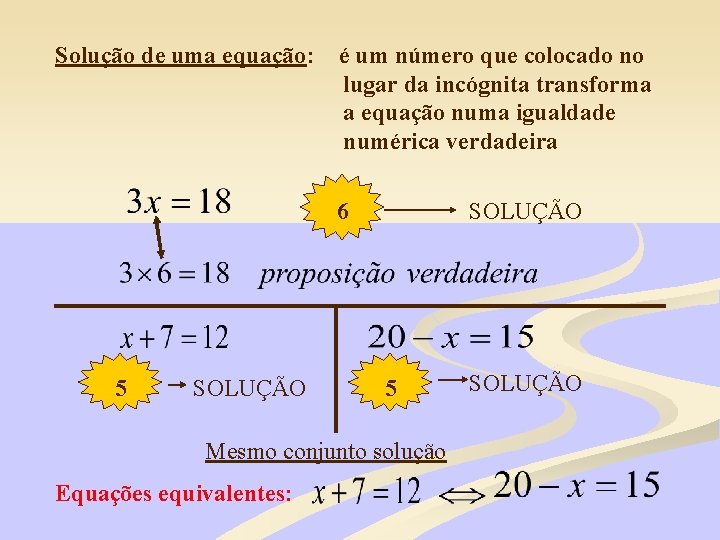 Solução de uma equação: é um número que colocado no lugar da incógnita transforma