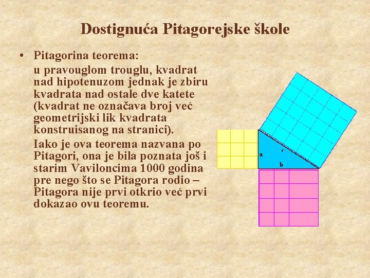 Dostignuća Pitagorejske škole • Pitagorina teorema: u pravouglom trouglu, kvadrat nad hipotenuzom jednak je