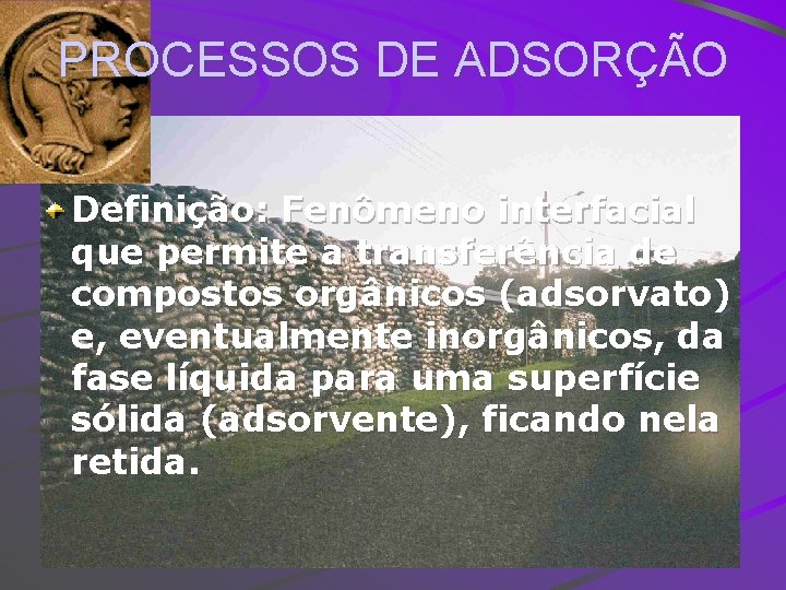 PROCESSOS DE ADSORÇÃO Definição: Fenômeno interfacial que permite a transferência de compostos orgânicos (adsorvato)