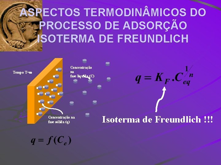 ASPECTOS TERMODIN MICOS DO PROCESSO DE ADSORÇÃO ISOTERMA DE FREUNDLICH Tempo T= Concentração na