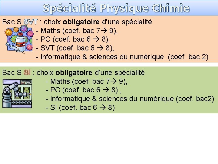 Spécialité Physique Chimie Bac S SVT : choix obligatoire d’une spécialité - Maths (coef.