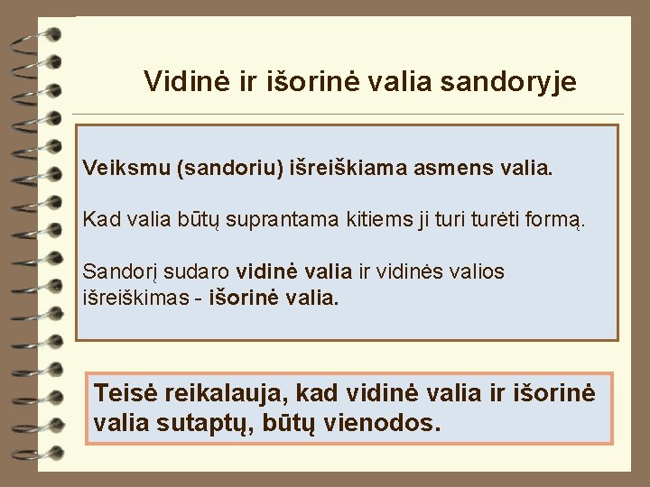 Vidinė ir išorinė valia sandoryje Veiksmu (sandoriu) išreiškiama asmens valia. Kad valia būtų suprantama