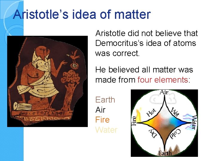Aristotle’s idea of matter Aristotle did not believe that Democritus’s idea of atoms was