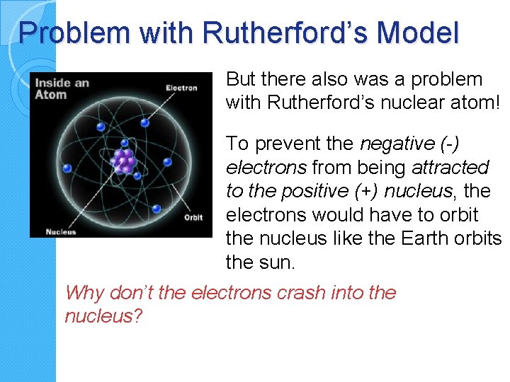 Problem with Rutherford’s Model But there also was a problem with Rutherford’s nuclear atom!