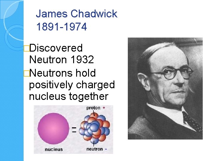 James Chadwick 1891 -1974 �Discovered Neutron 1932 �Neutrons hold positively charged nucleus together 