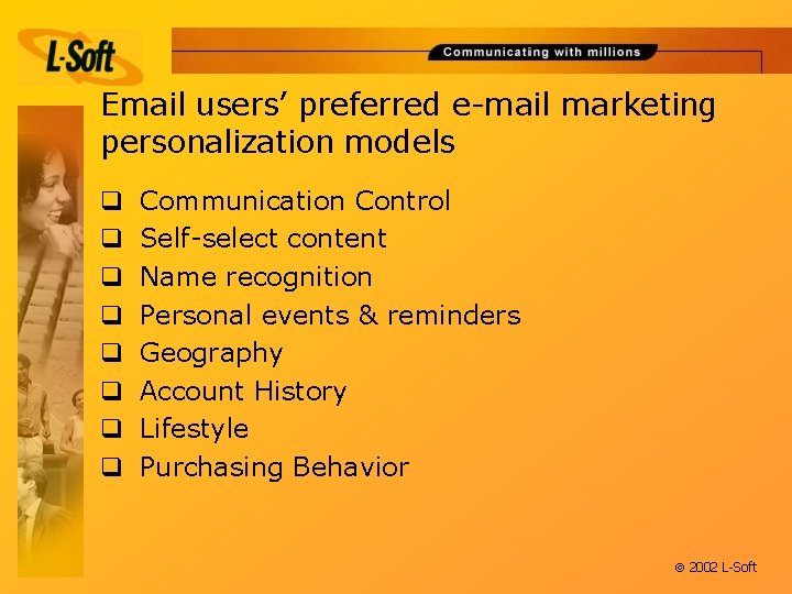 Email users’ preferred e-mail marketing personalization models q q q q Communication Control Self-select