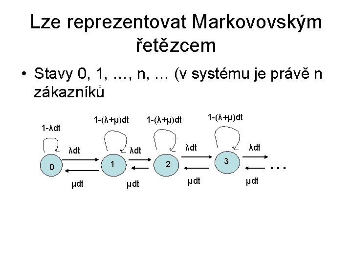 Lze reprezentovat Markovovským řetězcem • Stavy 0, 1, …, n, … (v systému je
