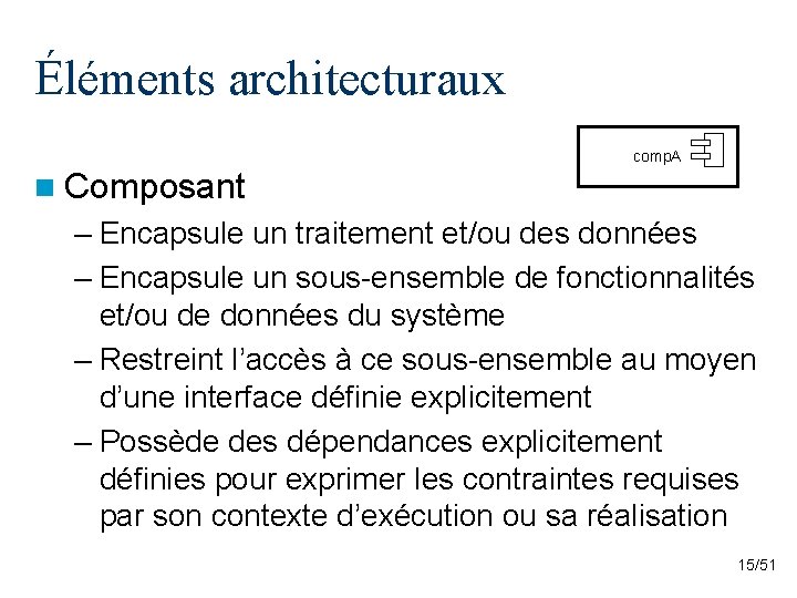 Éléments architecturaux comp. A n Composant – Encapsule un traitement et/ou des données –