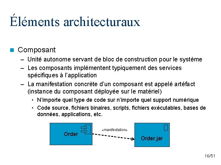 Éléments architecturaux n Composant – Unité autonome servant de bloc de construction pour le