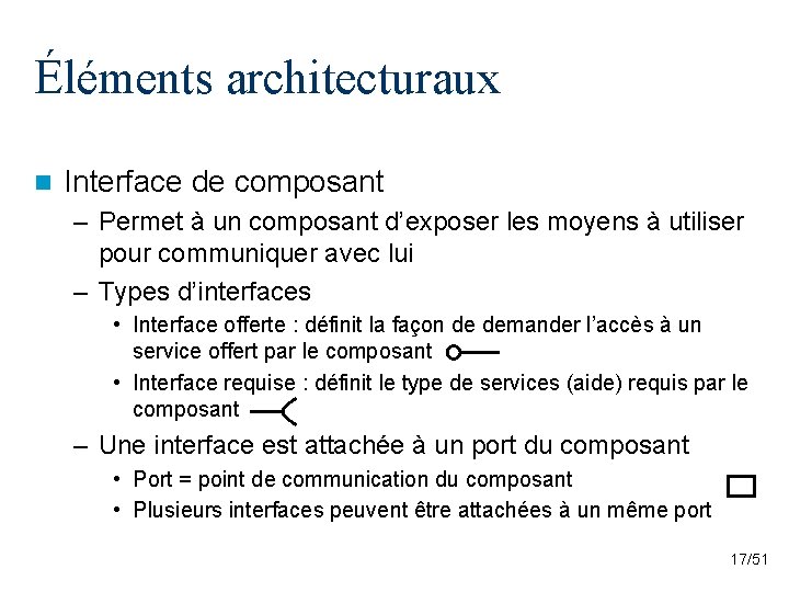 Éléments architecturaux n Interface de composant – Permet à un composant d’exposer les moyens