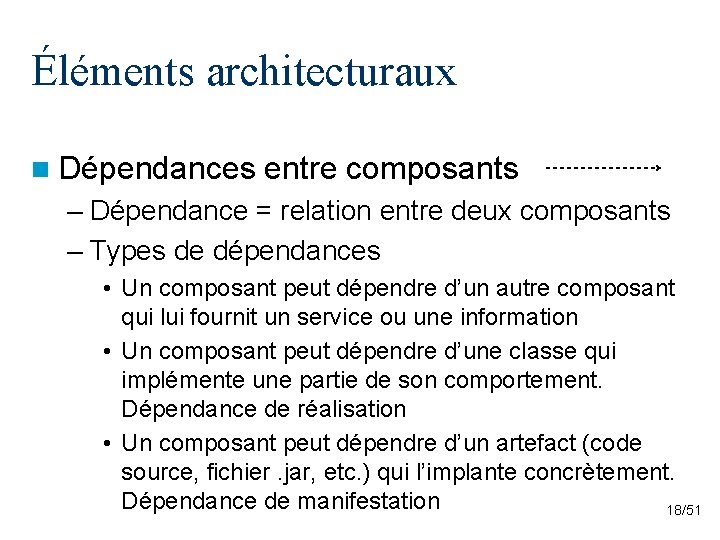 Éléments architecturaux n Dépendances entre composants – Dépendance = relation entre deux composants –