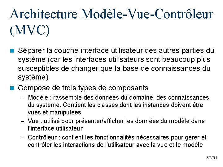 Architecture Modèle-Vue-Contrôleur (MVC) Séparer la couche interface utilisateur des autres parties du système (car