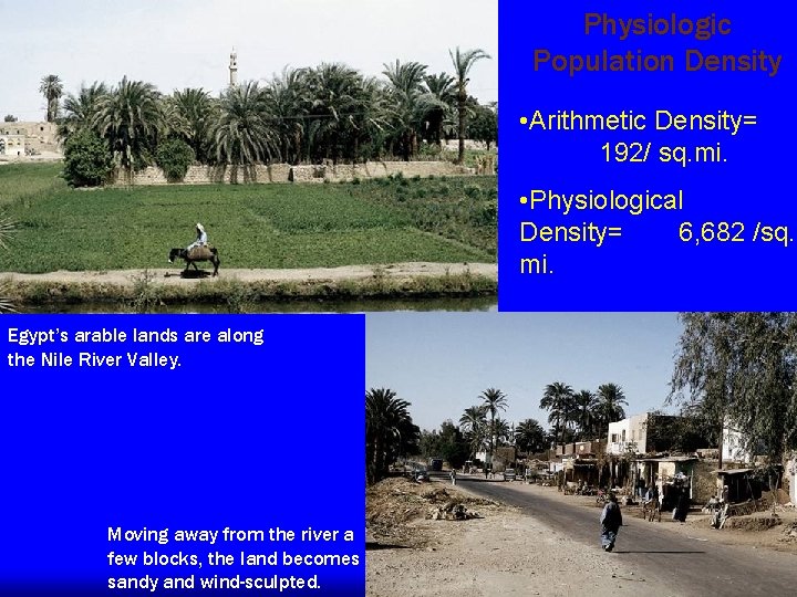 Physiologic Population Density • Arithmetic Density= 192/ sq. mi. • Physiological Density= 6, 682 Physiologic Population Density • Arithmetic Density= 192/ sq. mi. • Physiological Density= 6, 682