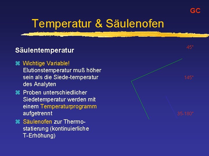 GC Temperatur & Säulenofen Säulentemperatur z Wichtige Variable! Elutionstemperatur muß höher sein als die