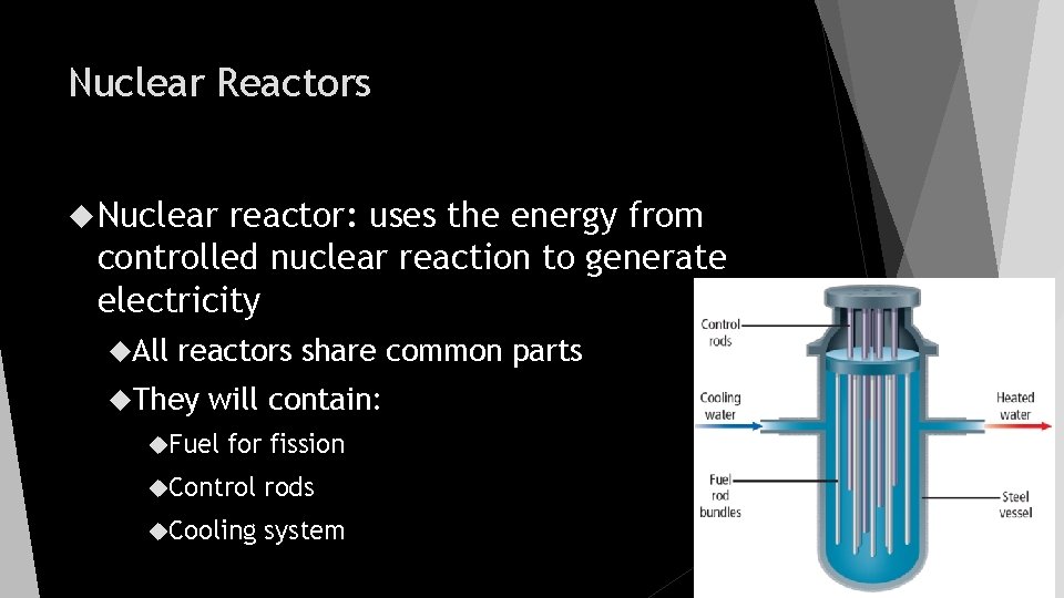 Nuclear Reactors Nuclear reactor: uses the energy from controlled nuclear reaction to generate electricity