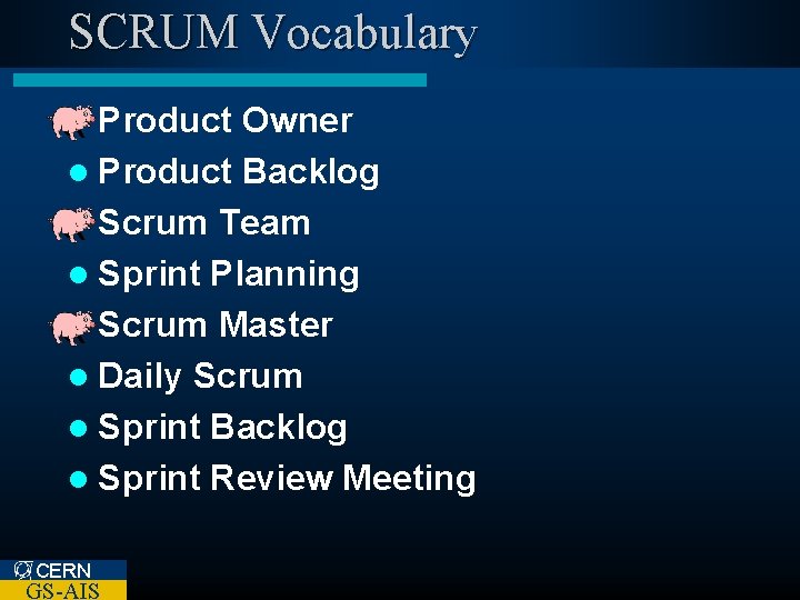 SCRUM Vocabulary l Product Owner l Product Backlog l Scrum Team l Sprint Planning