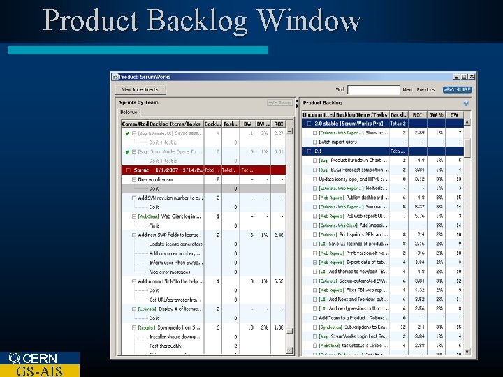 Product Backlog Window CERN GS-AIS 