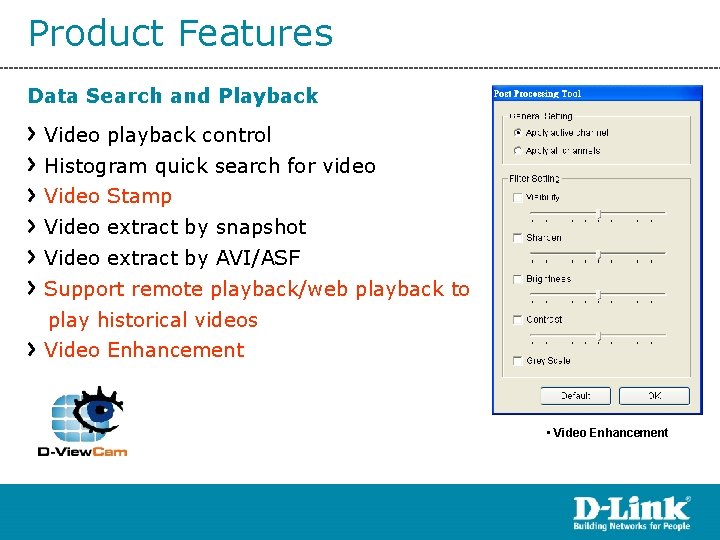 Product Features Data Search and Playback Video playback control Histogram quick search for video