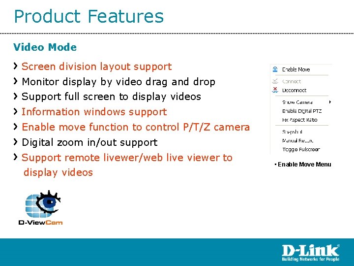 Product Features Video Mode Screen division layout support Monitor display by video drag and