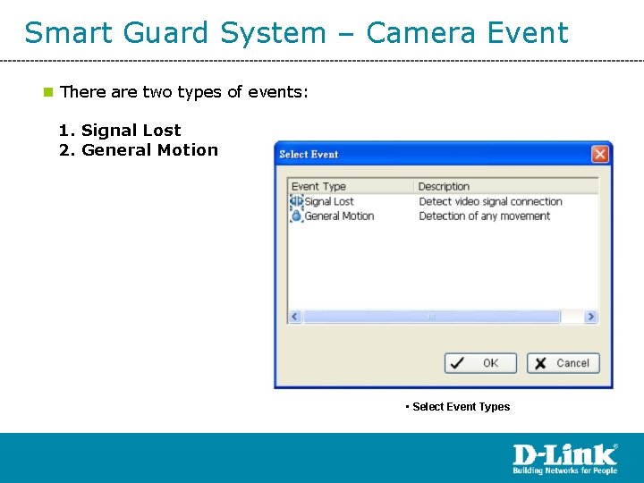 Smart Guard System – Camera Event n There are two types of events: 1.