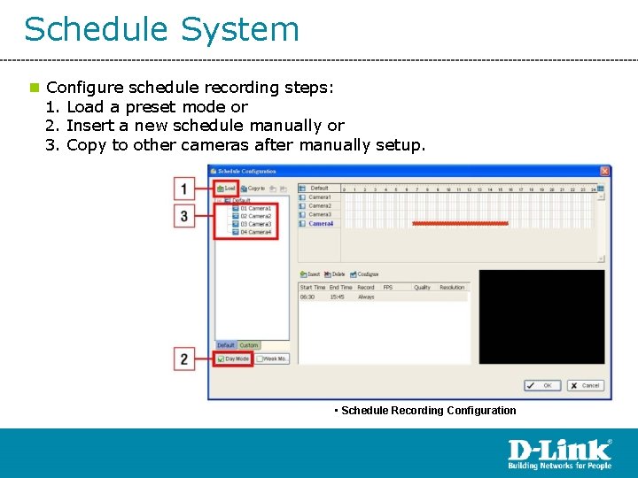 Schedule System n Configure schedule recording steps: 1. Load a preset mode or 2.