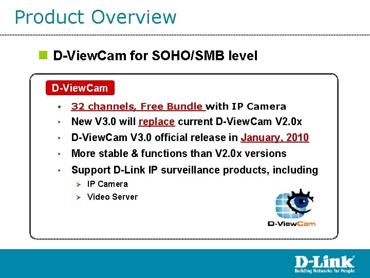 Product Overview n D-View. Cam for SOHO/SMB level D-View. Cam • 32 channels, Free