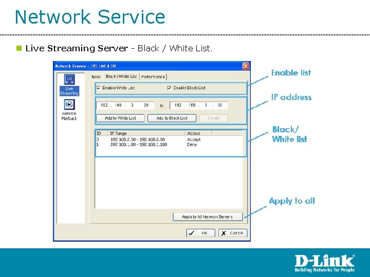 Network Service n Live Streaming Server - Black / White List. 