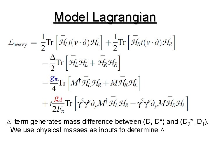 Model Lagrangian D term generates mass difference between (D, D*) and (D 0*, D