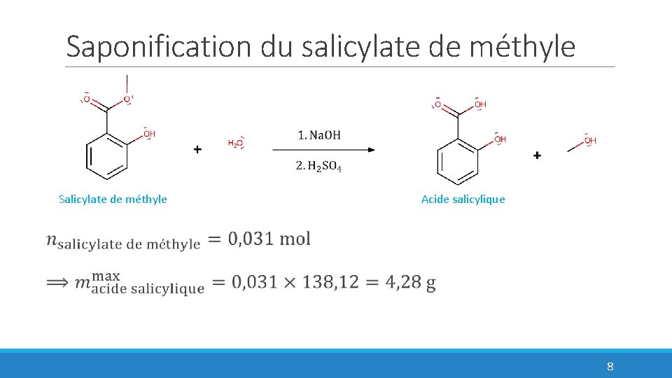 Saponification du salicylate de méthyle Salicylate de méthyle Acide salicylique 8 
