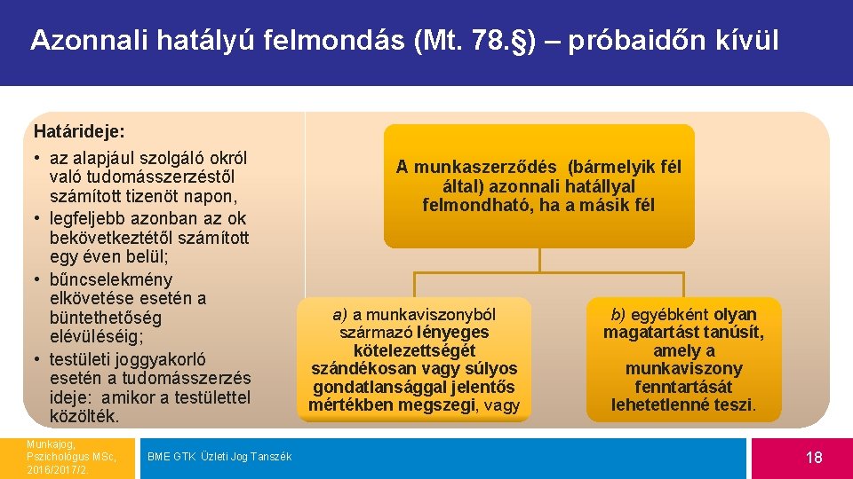 Azonnali hatályú felmondás (Mt. 78. §) – próbaidőn kívül Határideje: • az alapjául szolgáló