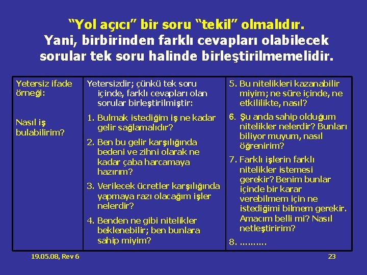 “Yol açıcı” bir soru “tekil” olmalıdır. Yani, birbirinden farklı cevapları olabilecek sorular tek soru “Yol açıcı” bir soru “tekil” olmalıdır. Yani, birbirinden farklı cevapları olabilecek sorular tek soru