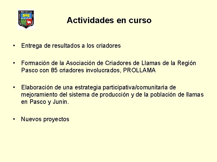 Actividades en curso • Entrega de resultados a los criadores • Formación de la